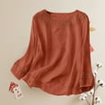 thumbnail image 2 of Comfy Cotton Linen Top For Women Relaxed Fit Embroidered Detail Round Neck Casual Long Sleeve Blouse, 2 of 9