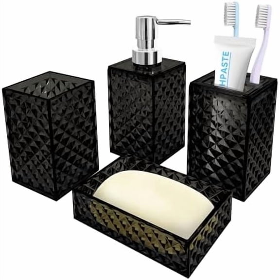 Bathroom Accessory Set, 4 PCS Black Bathroom Accessories Set, Soap Dispenser and Toothbrush Holder Set, Soap Dish and Mouthwash Cup, Boho Bathroom Decor, Bathroom Sets Accessories