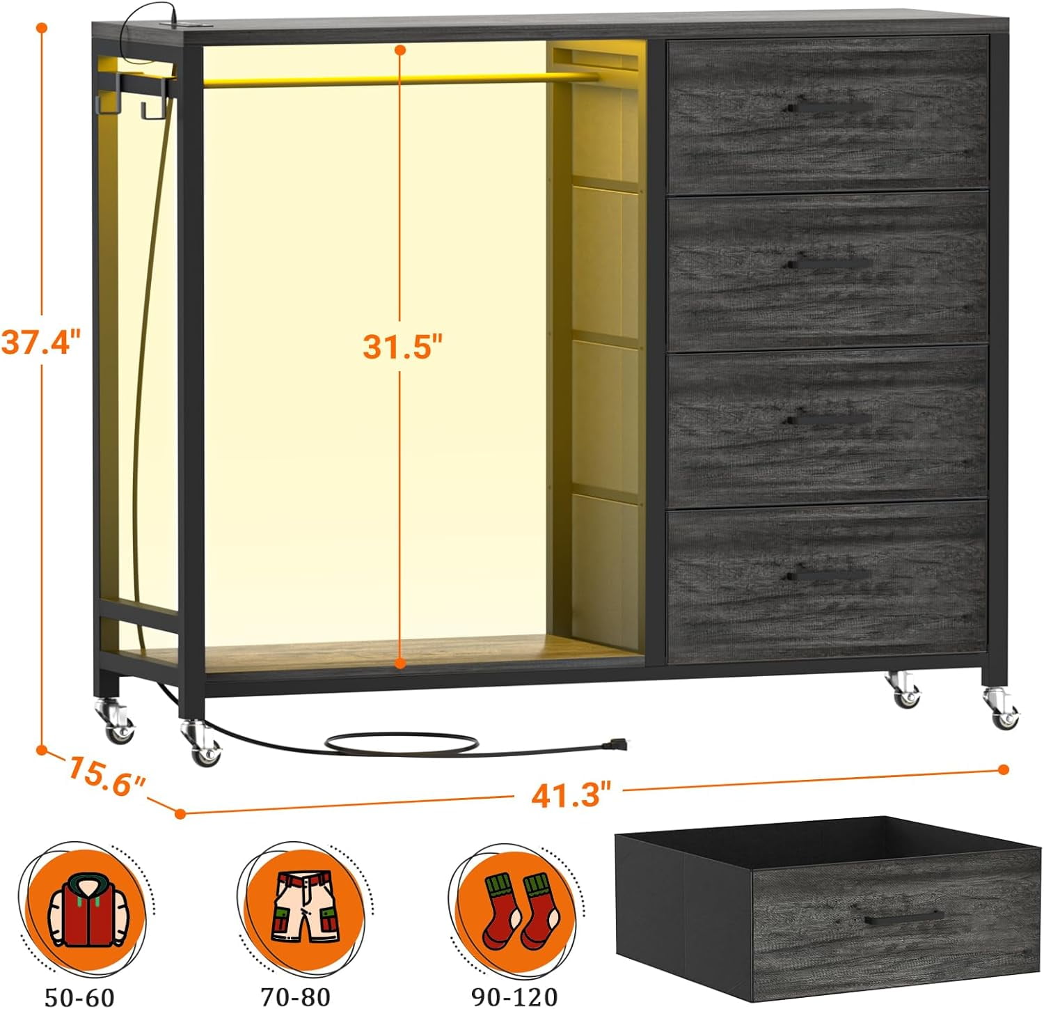 Homieasy Dresser with Hanging Rack & 4 Drawers, Dresser with Clothes Rack for Bedroom with LED Lights, Charging Staion, Storage Chest with Wheels, Black Oak