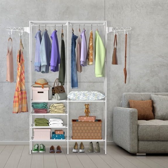 4-Tier Closet Organizer with Hanging Rod & Fabric Shelves | White Storage Rack for Bedroom & Laundry