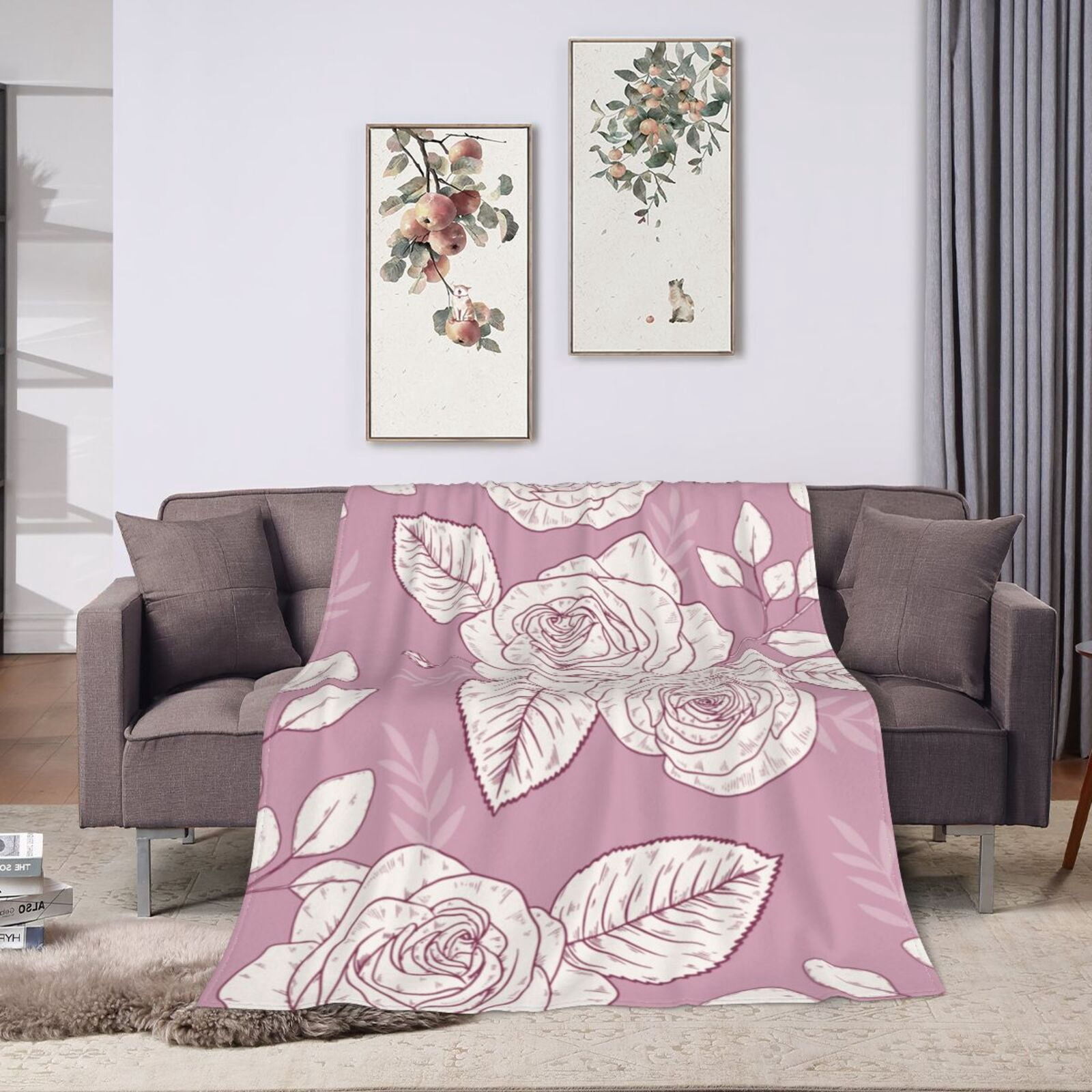 ZNDUO Hand Painted White Roses Pattern Throw Blanket, Lightweight Cozy ...