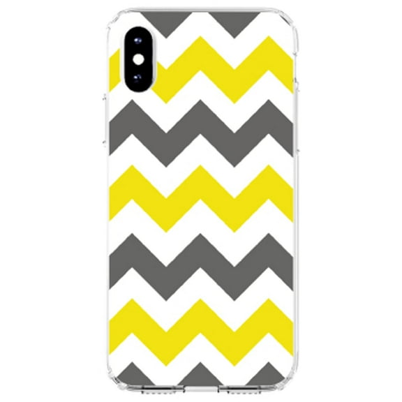 DistinctInk Clear Shockproof Hybrid Case for iPhone X / XS (5.8" Screen) - TPU Bumper, Acrylic Back, Tempered Glass Screen Protector - Grey Yellow Chevron Stripes - Chevron Stripes Pattern