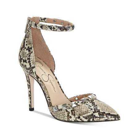 

JESSICA SIMPSON Womens Beige Snakeskin Paddedd Studded Ankle Strap Prinella Pointed Toe Stiletto Zip-Up Pumps 5.5 M