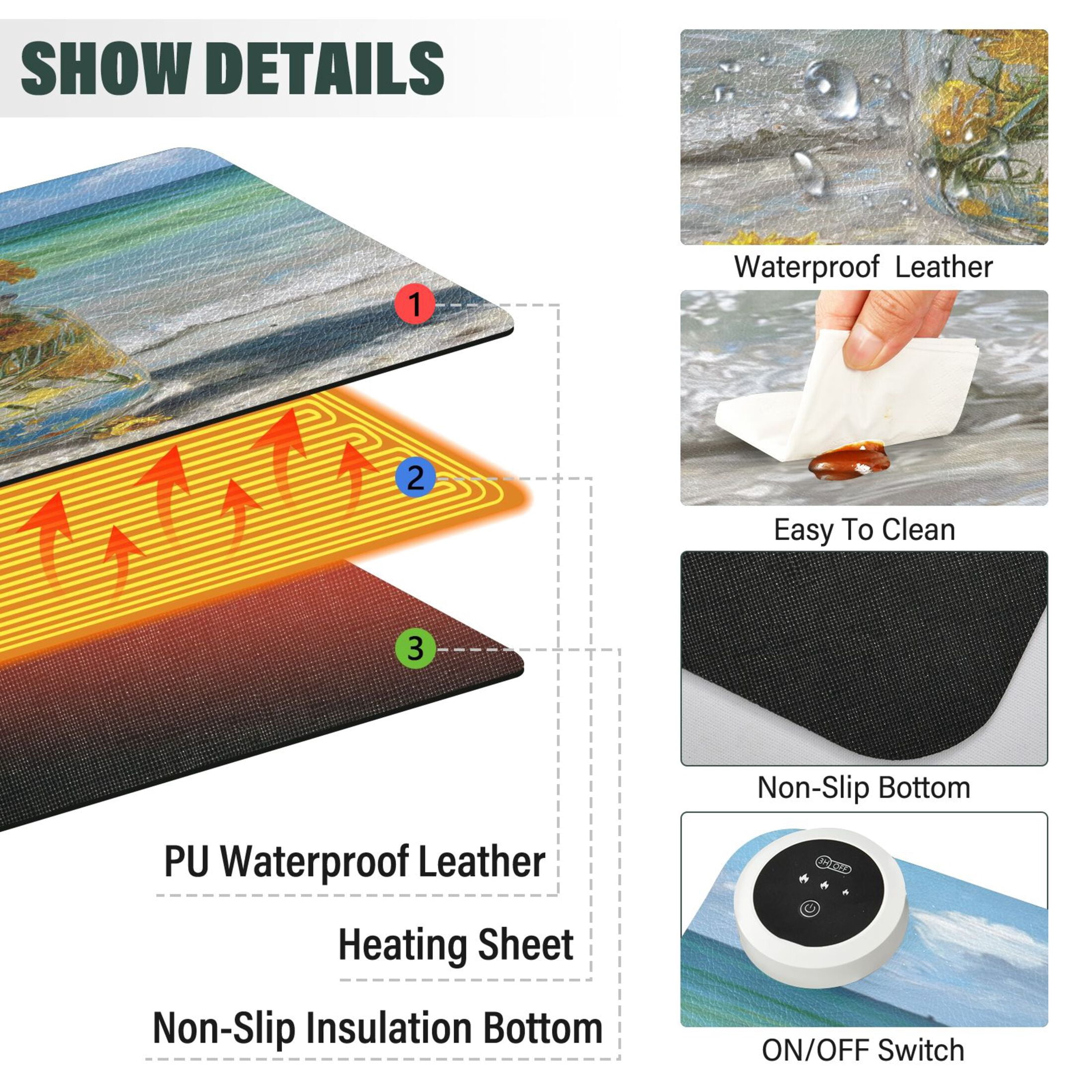 Large Heated Desk Mat Mouse Pad 31.5"x13"PU Leather Graphene Heating Desk Warmer with 3 Temperature Settings 110V US Plug Non-Slip Warm Pad for Home, Office, and Gaming Yellow Daisy Glass Jar