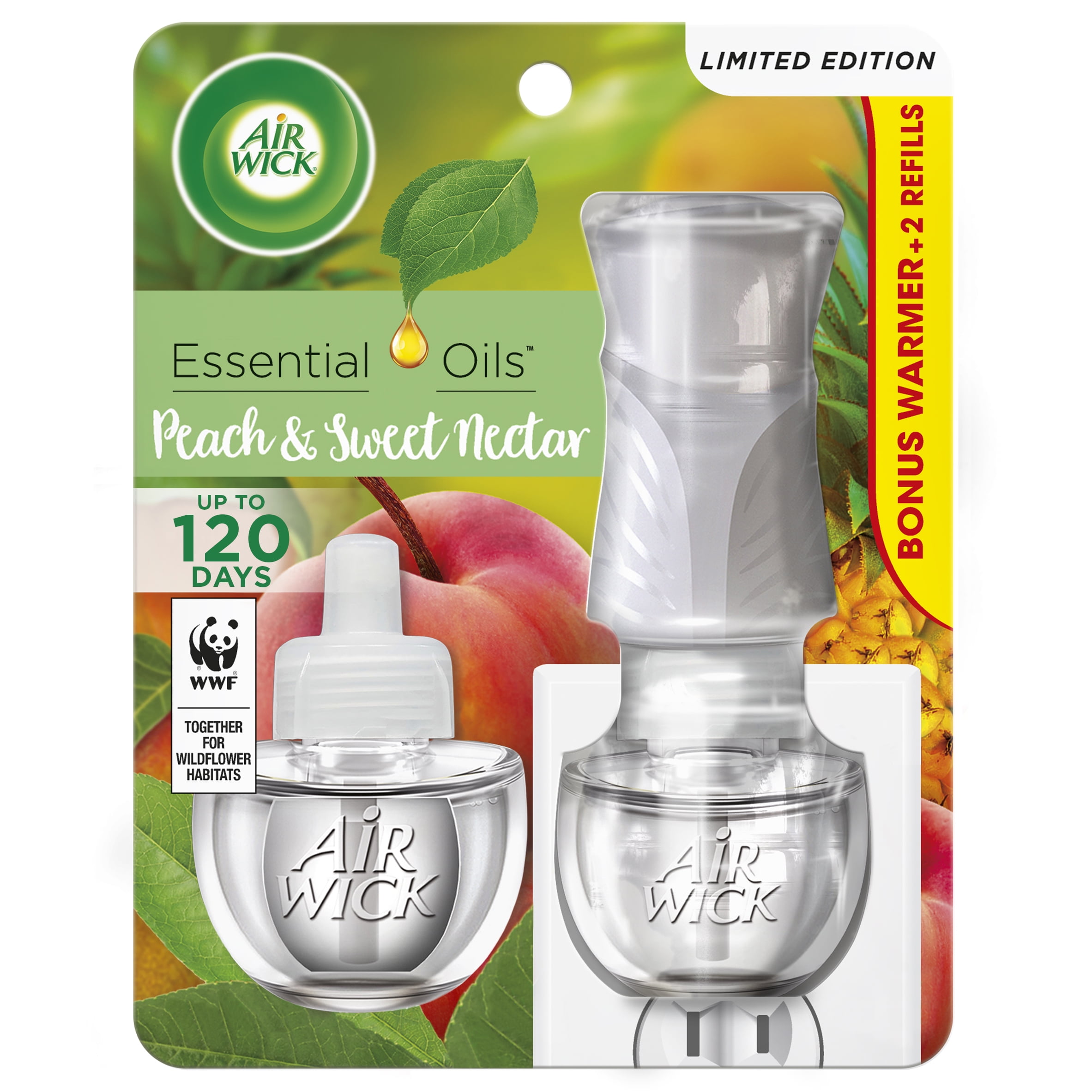 Air Wick Plug in Scented Oil Starter Kit (Warmer + 2 Refills), Peach & Sweet Nectar, Air
