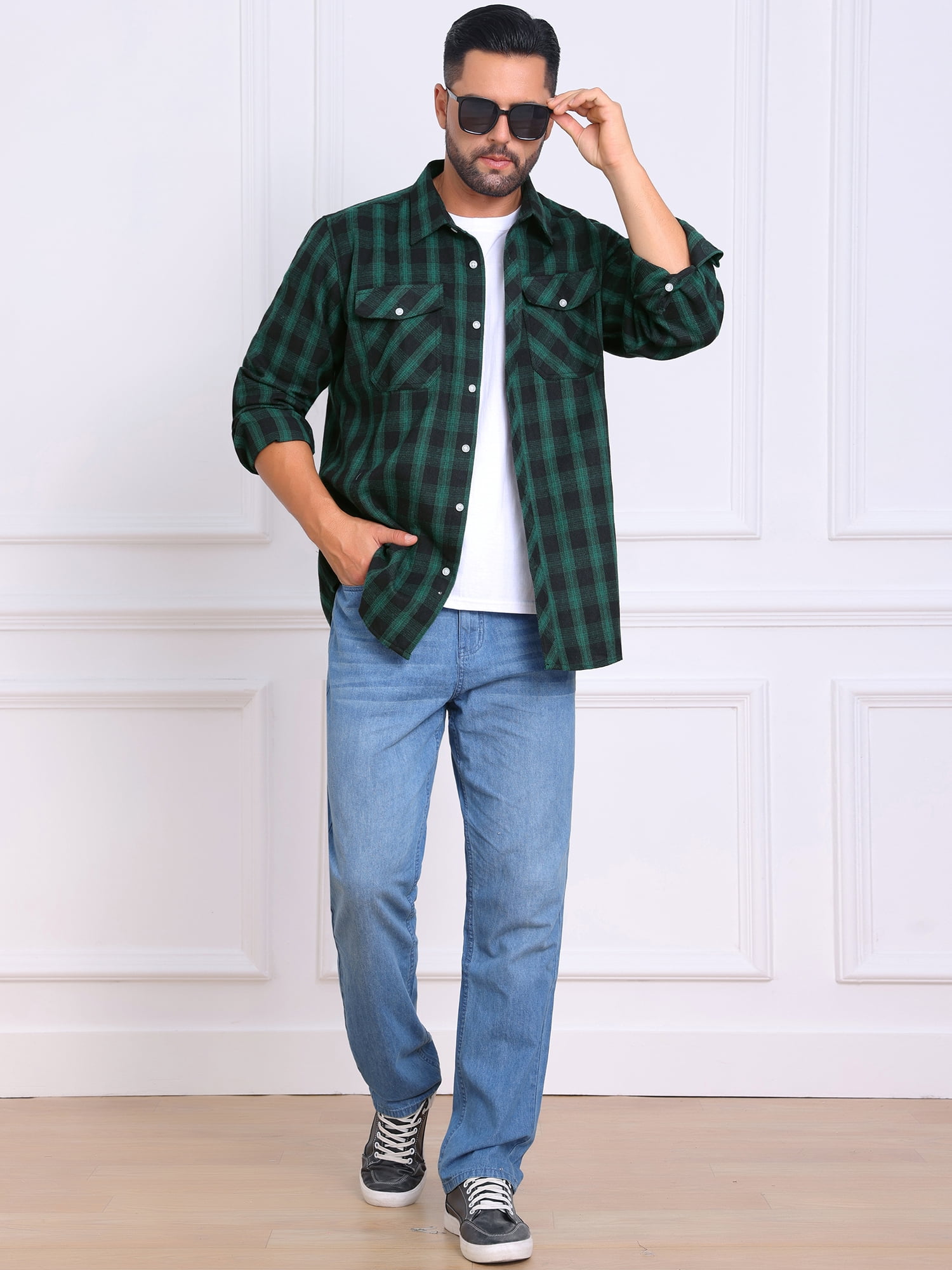 DARING DIVA Men's Contrast Color Slim Fit Long Sleeved Button Down Shirts L Black Green