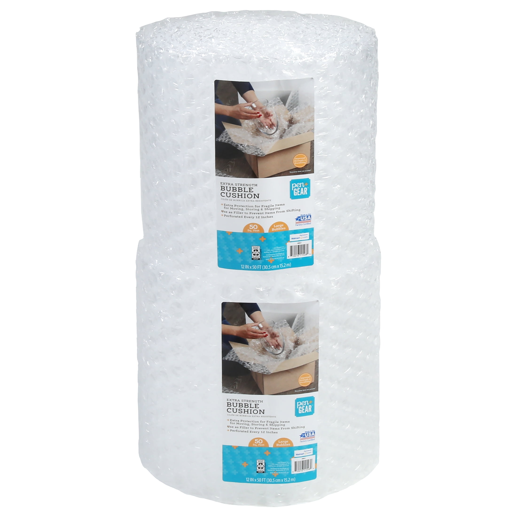 Pen + Gear Large Bubble Cushion Wrap, Clear, 12 in. x 50 ft., 2 Pack