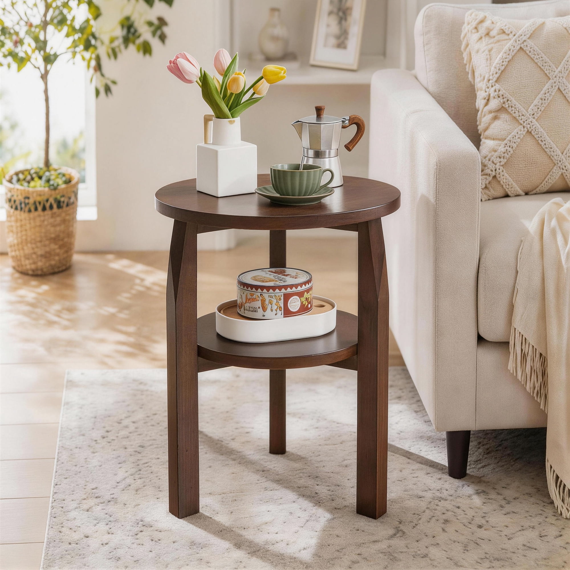 Solid Rubberwood Round End Table, 2-Tier Side Table with Storage Shelf, Small Accent Table for Living Room, Bedroom