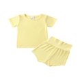 thumbnail image 1 of 2 Pcs Unisex Casual Outfits  Baby Solid Color Short Sleeve  Neck Pullover + High Waisted Pants, 1 of 7