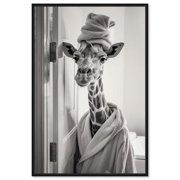 Art Remedy Funny Bathroom Art Canvas, 10" x 15", Black Frame, Bathroom Giraffe
