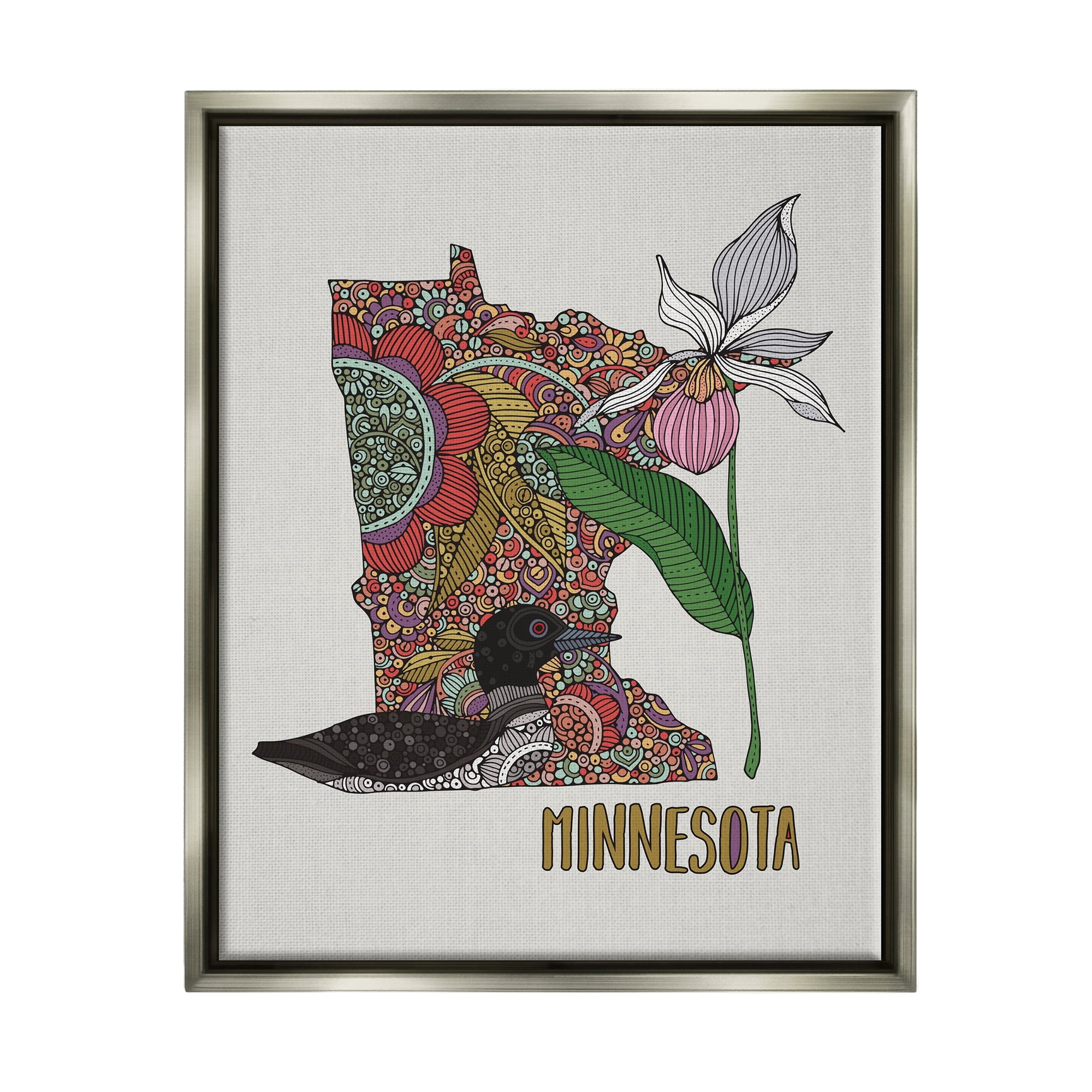 Stupell Industries Minnesota State Loon Bird Intricate Blooming Flowers Graphic Art Luster Gray Floating Framed Canvas Print Wall Art, Design by Valentina Harper