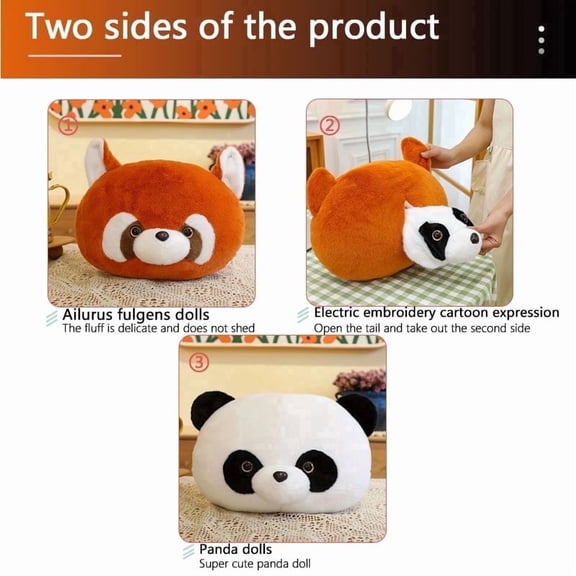 Panda & Raccoon Flip Stuffed Doll, 35×40cm Soft Toy for Kids Teens