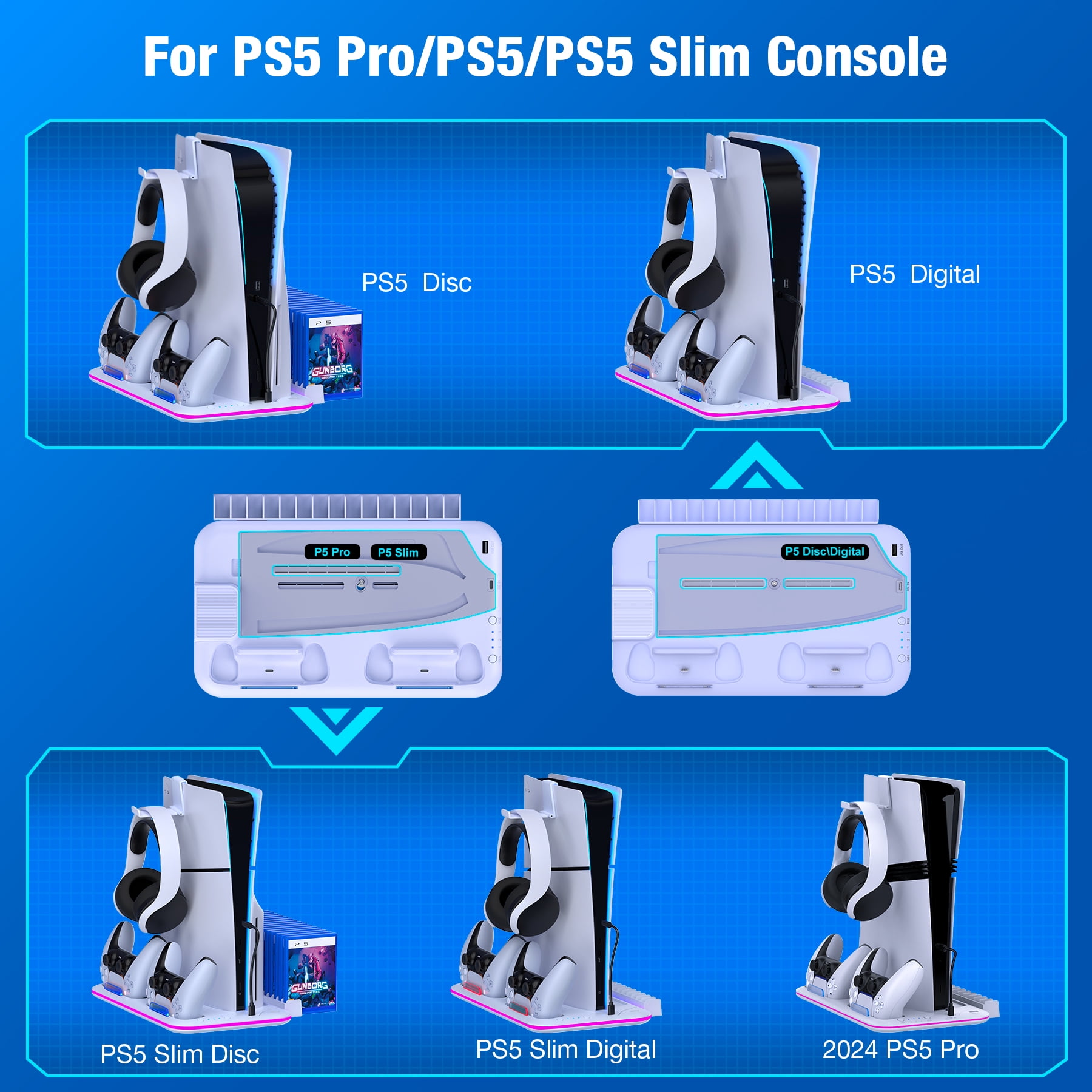 PS5 Stand with Cooling Station for PS5 Slim,QQV Dual Controller Charger for PS5 Digital & PS5 Disc Version,PS5 Accessories with RGB Light & Headset Holder