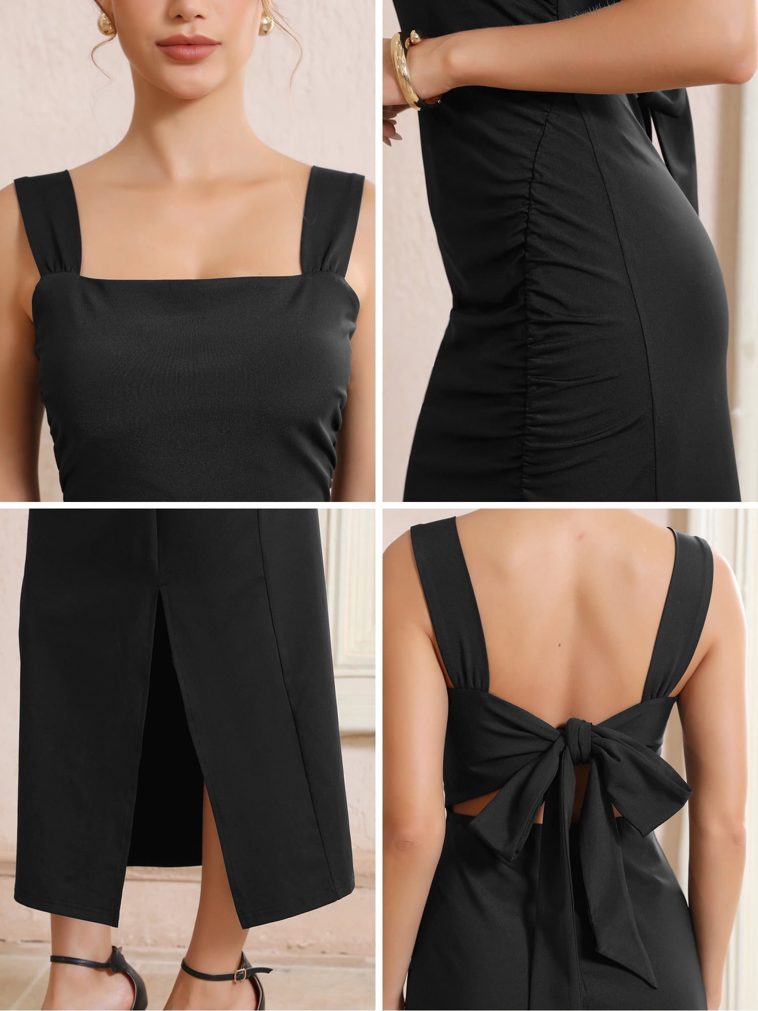 DARING DIVA Women's Cocktail Bow Tie Square Neck Sleeveless Bodycon Dresses M Black
