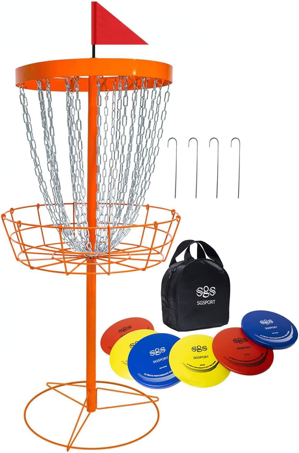 LOMGWAYS 24Chain Disc Golf Basket with Discs, Metal Disc Frisbee Golf Goal Set Comes with 6