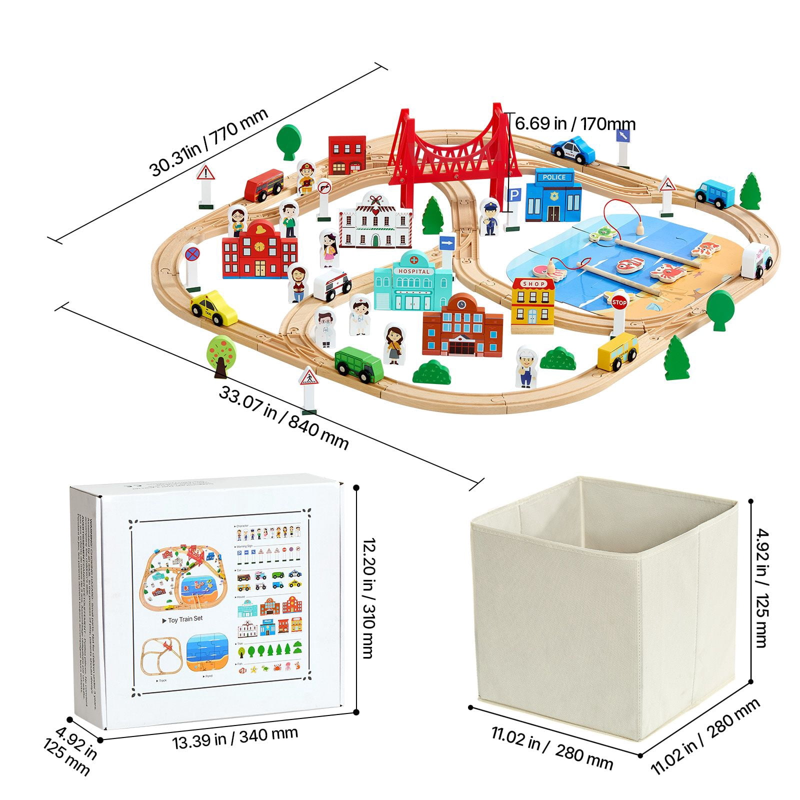113PCS Wooden Train Set, for Kids Ages 3-8, Wood Train Track Toy with Storage Box, City Scene Railway Playset, Compatible with Major Brands, Christmas Birthday Toy for Toddlers Boys and Girls