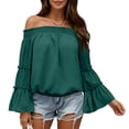 thumbnail image 5 of Tqcoqu Women's Off Shoulder Top,Ruffle Long Sleeve Chiffon Blouse,Casual Loose Trendy Shirts,Army Green Women's S-XXL, 5 of 9