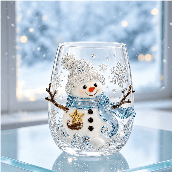 Magical Christmas 3D Glass Cup Complete 4 Design Collection Christmas Drinkware Set for Holiday Display(Snowman)