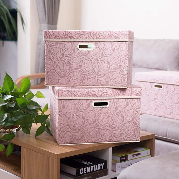 RGHJAR-Larger Collapsible Storage Bin with Lid [1-Pack] Fabric Decorative Storage Box Cube Organizer Container Baskes with Handles Divider for Bedroom Closet Living Room Pink 17.7x11.8x11.8 Inch