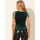 thumbnail image 5 of Top De Terciopelo De Manga Corta Con Estampado De Estrellas Con Purpurina Y Cuello Cuadrado Para Mujer Verde oscuro L, 5 of 6