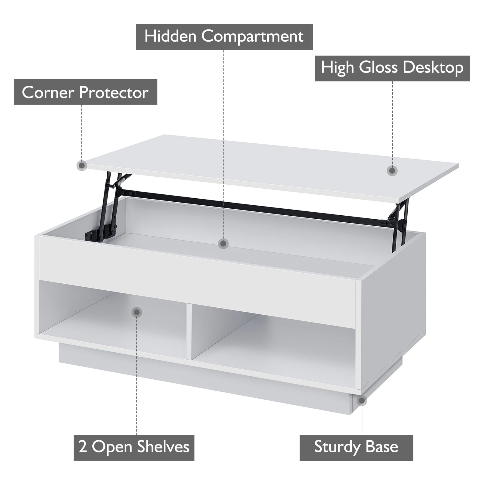 Hommpa LED Lift Top Coffee Table with Hidden Compartment High Gloss White Coffee Tables Center Rising Cocktail Table for Living Room Accent Furniture