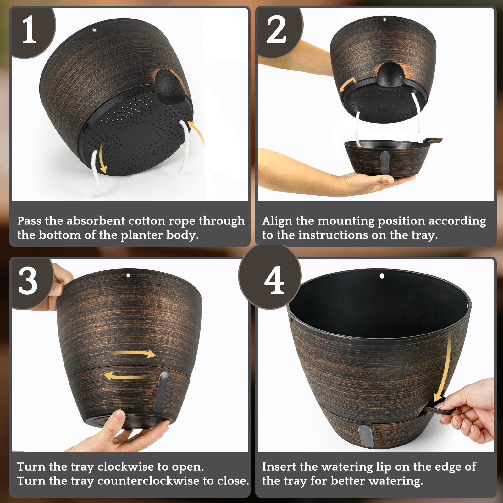 FIASON 2 Pack Bronze 10 Inch Round Hanging Planters with Visible Water Level, Drainage Holes, Removable Tray,Self-Watering Hanging Planters for Indoor Outdoor