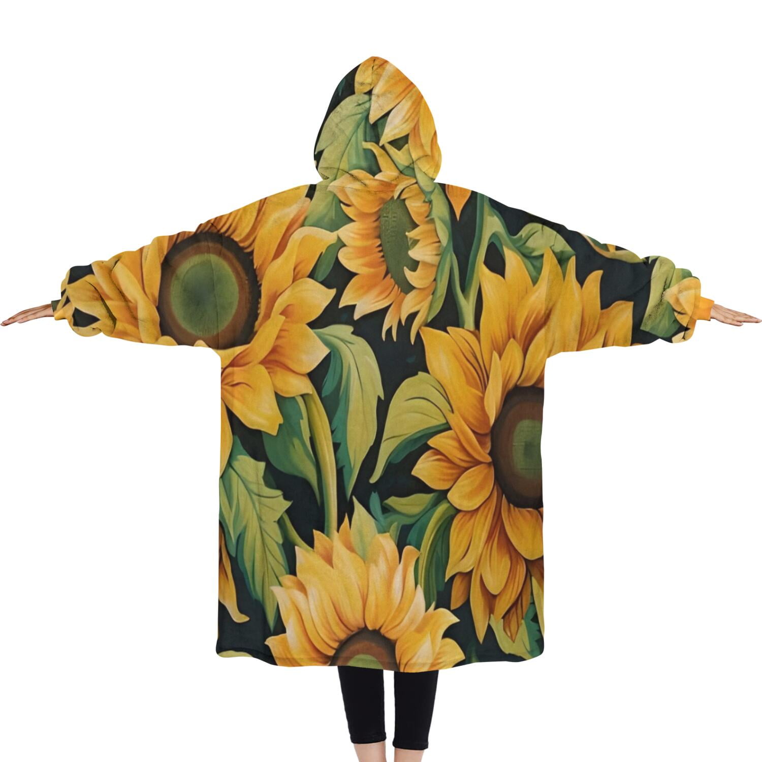 Oversized Wearable Blanket Hoodie,Dark Green Sunflower Pattern Sherpa Blanket Hoodie with Super Pockets,Super Warm Fuzzy Pullover for Women & Men