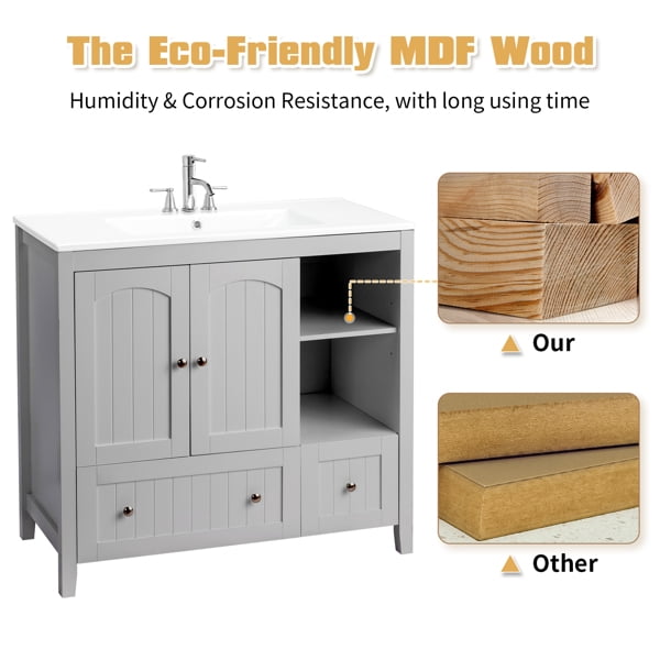 Modern Gray MDF Double Door Double Drawer Bathroom Vanity Cabinet with Decorative Strips, Without a Basin, 36"W x 18"D x 32"H for Bathroom Storage