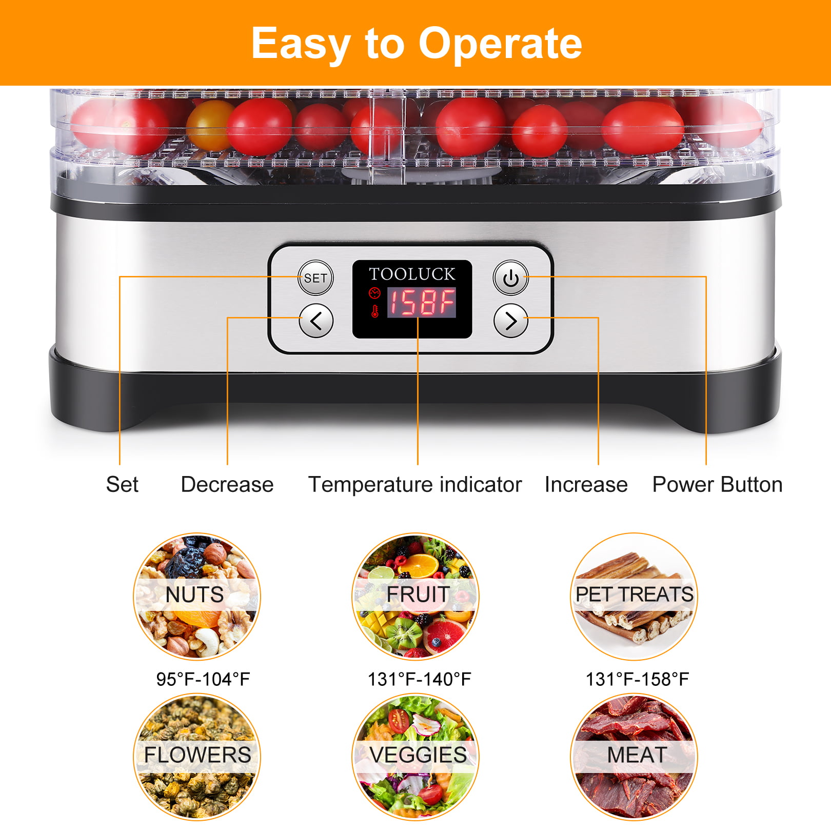 ROSPEC BPA FREE 5 Trays Food Processor Food Dehydrator Stainless Steel  Drying Fruit Machine Electric Air Dryer Drying Meat