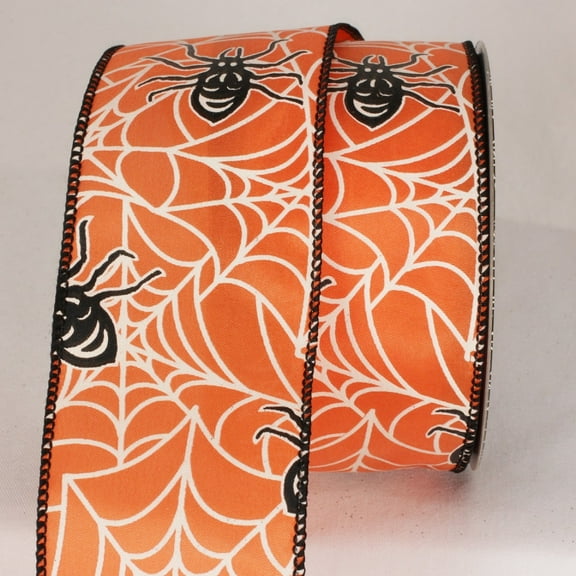 The Ribbon People Orange and Black Spider Print Wired Craft Ribbon 2.5" x 20 Yards