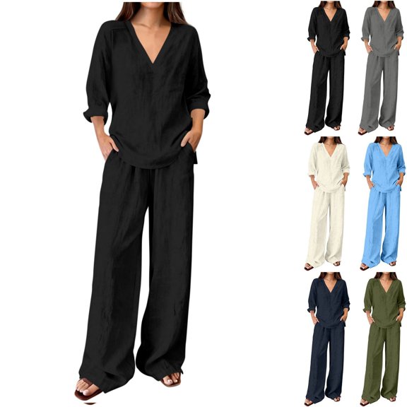 Ihhxva Women's Cotton Outfit Sets Solid Color Two Piece Set Regular Fit Stretchable Casual Lounge Loungewear Tracksuit - Black L