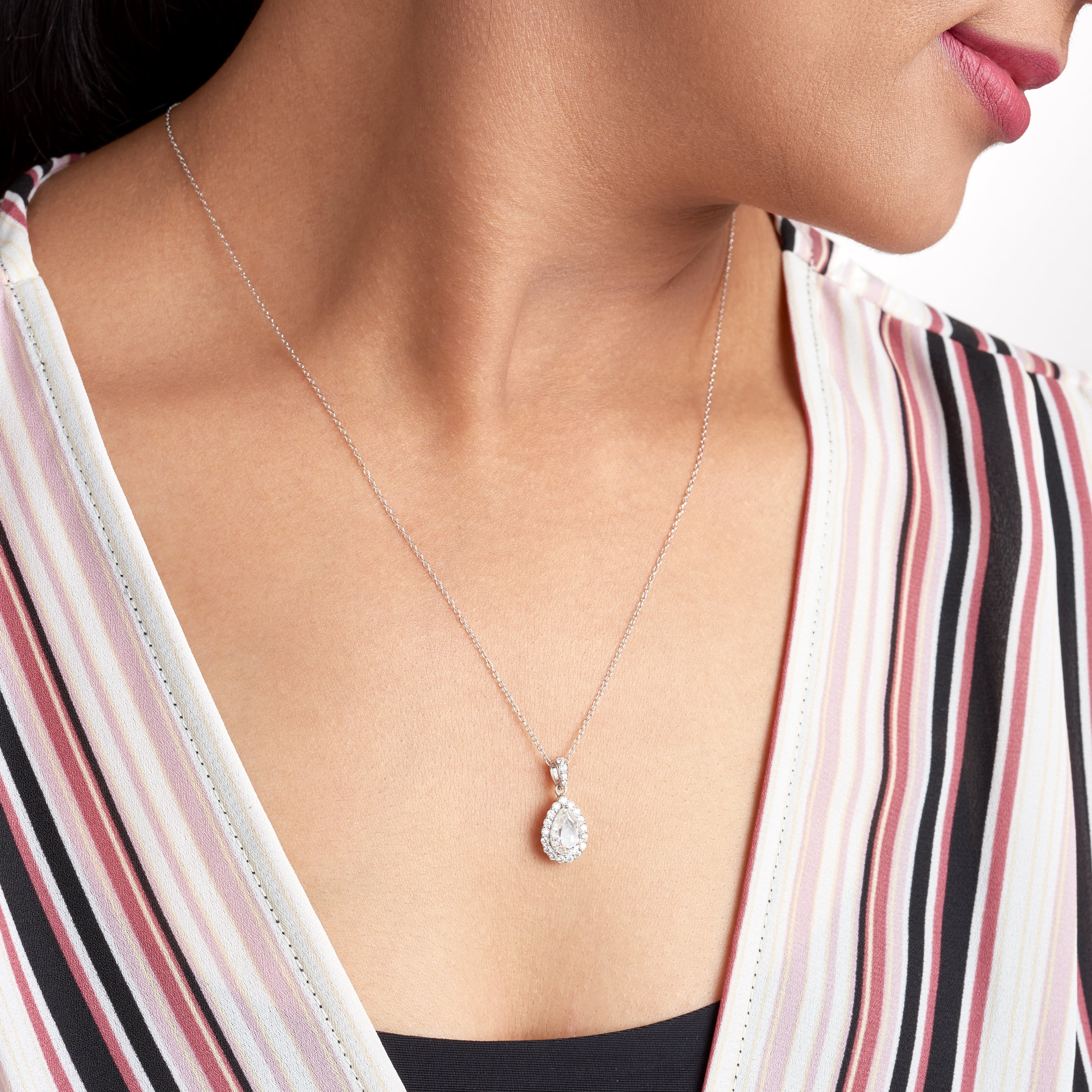 Forever Facets Moissanite Pear-Shape Pendant Necklace in Rhodium Plated Sterling Silver, Adult Female