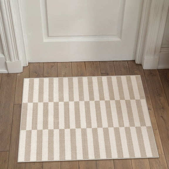 BERTHMEER 2'x3' Small Area Rugs for Entryway Laundry Bathroom Bedroom Entrance Kitchen Striped Pattern Rugs Dorm Light Brown Beige Non Slip Washable Modern Contemporary Geometric Carpets