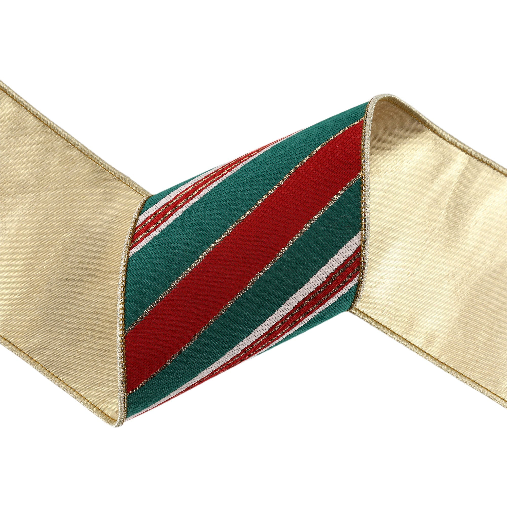 LaRibbons 4" Wired Jacquard Ribbon, Red/Green Christmas Stripes w/ Gold Backing, 5 Yard Roll