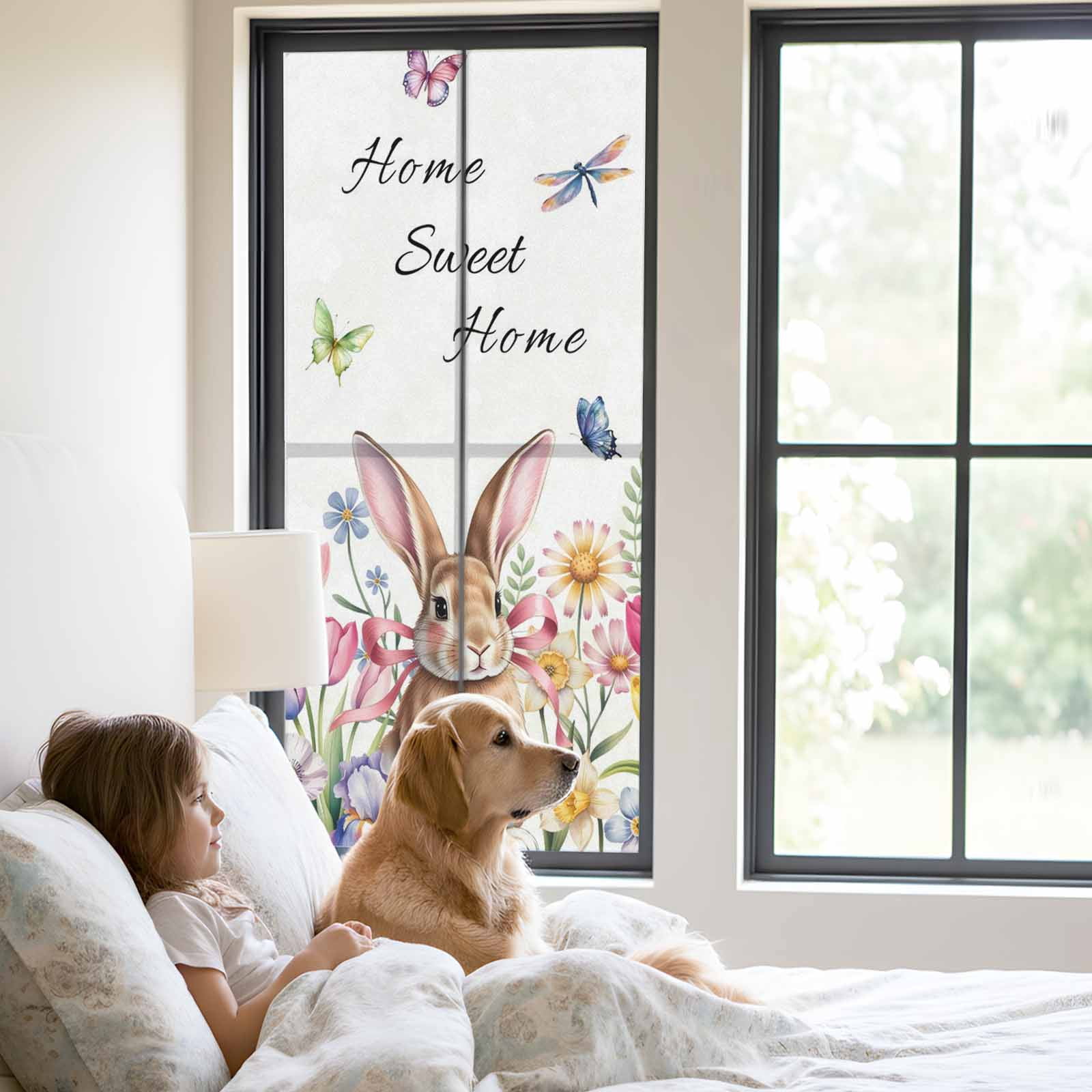 Sweet Home Window Privacy Film, Easter Bunny Spring Butterflies Flowers Country Leaf Frosted Glass Window Clings Static Cling UV Heat Blocking Reusable Door Sticker for Bathroom 23.6 x 59 Inch