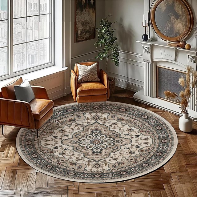 Washable Round Rug Living Room Circle Area Rugs for Bedroom, Vintage Non Slip Low Pile Carpet for Kitchen