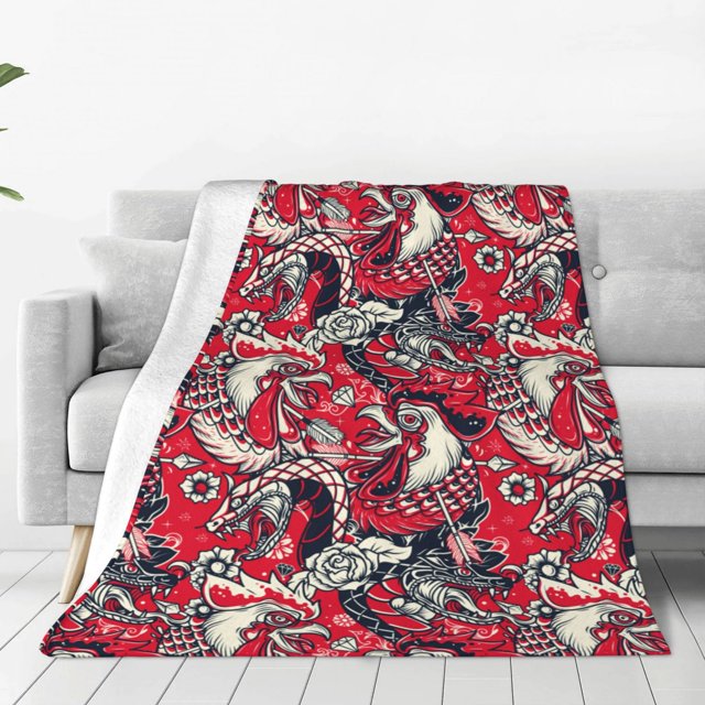 Fotbe Rooster Head Manta de Franela Acolchonada con Estampado, Súper Suave y Esponjosa, Extra Grande para Sofá, Cama, Uso Todo el Año-60"x50"