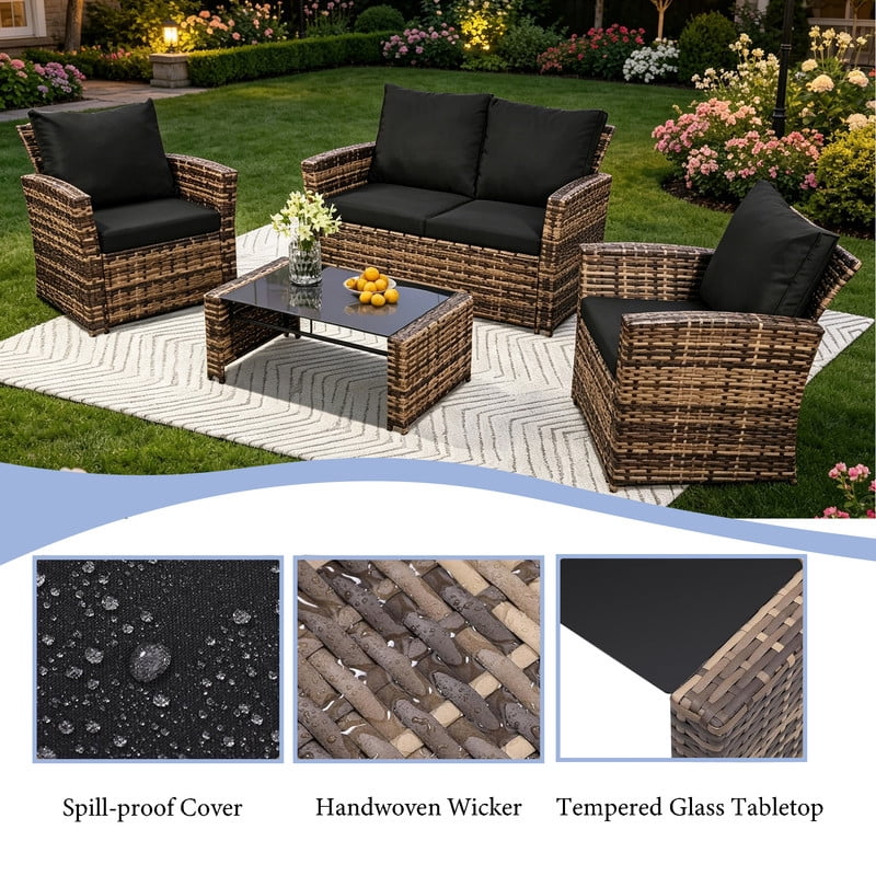 Howcool 4-Piece Patio Furniture Set,Wicker Outdoor Rattan Sectional Sofa with Cushions and Glass Table,All-Weather Outdoor Conversation Set for Garden,Porch,Backyard,Patio,Brown+Black