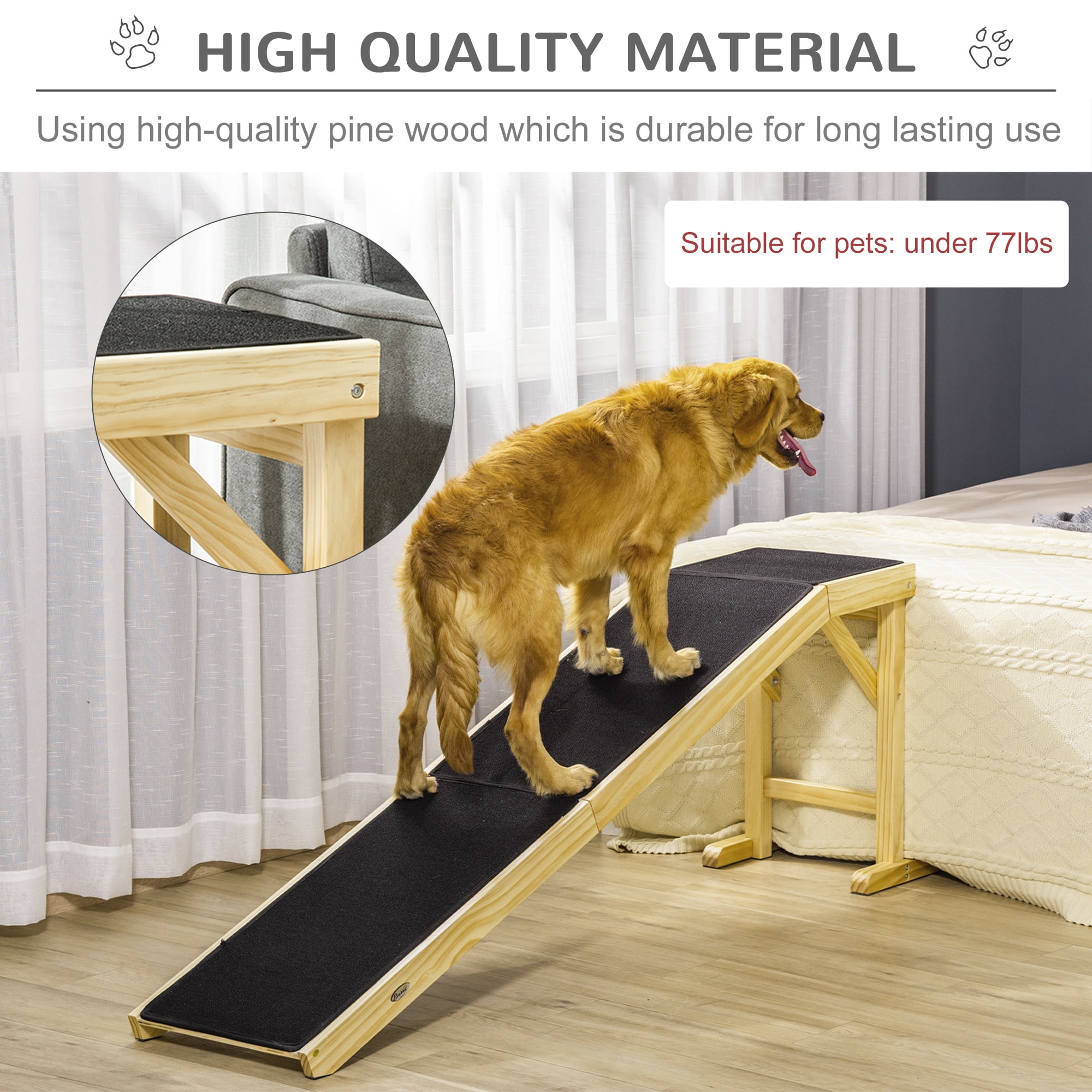 Dog Ramp for Bed, Pet Ramp for Dogs with Non-Slip Carpet and Top Platform, 74" x 16" x 25", Natural