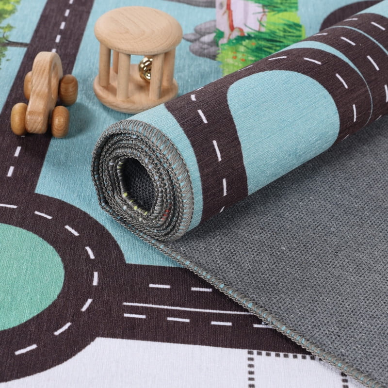 Superior Country Road Non-Slip Washable Indoor Play Rug, 8' x 10', Pine Green