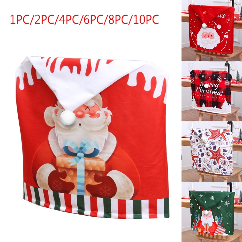 Christmas Santa Chair Cover, Set of 6 Red Snowman Hat Slipcovers Xmas