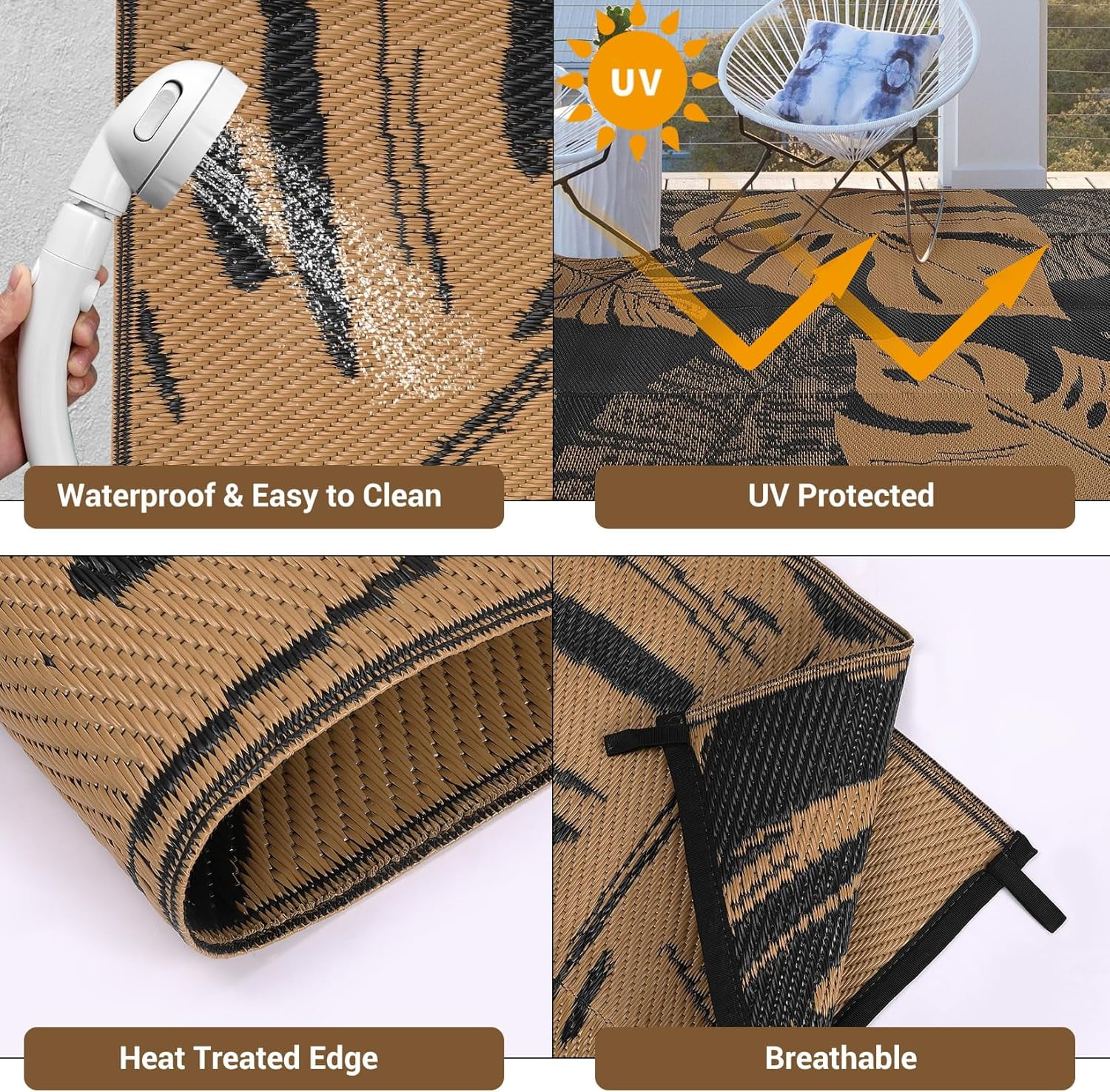 Funslane Outdoor Rug 8' x 10', Waterproof Plastic Straw Mat, Foldable & Reversible, Indoor Outdoor Rugs for Patio, Deck, RV, Beach, Picnic, Black/Brown