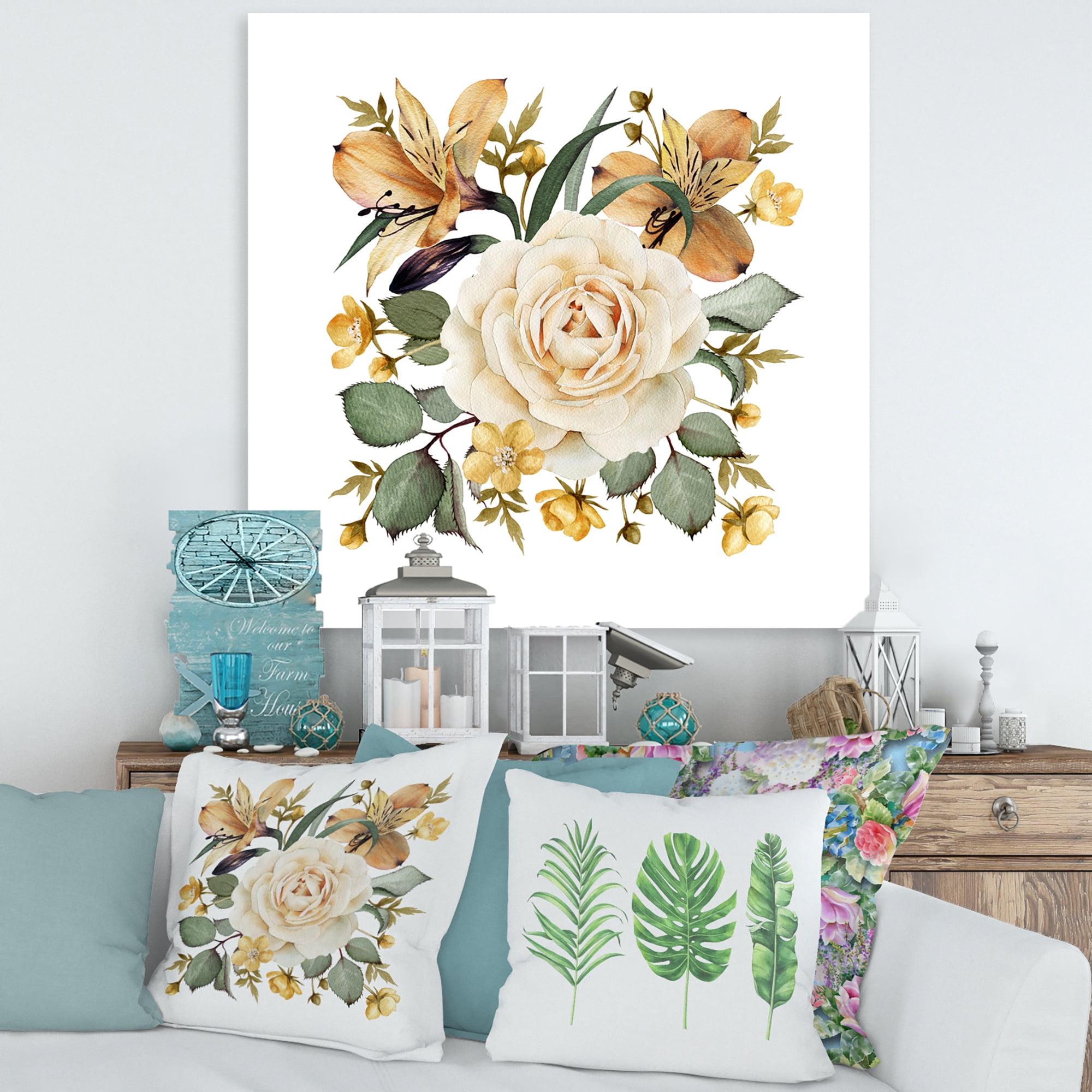 Designart ' Ancient White Rose ' Traditional Canvas Wall Art Print