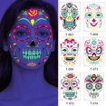 thumbnail image 3 of Tatuajes de Halloween pegatinas para fiesta de disfraces, tatuaje fluorescente temporal para cara, barra de música, pegatina de piel impermeable, 3 of 4
