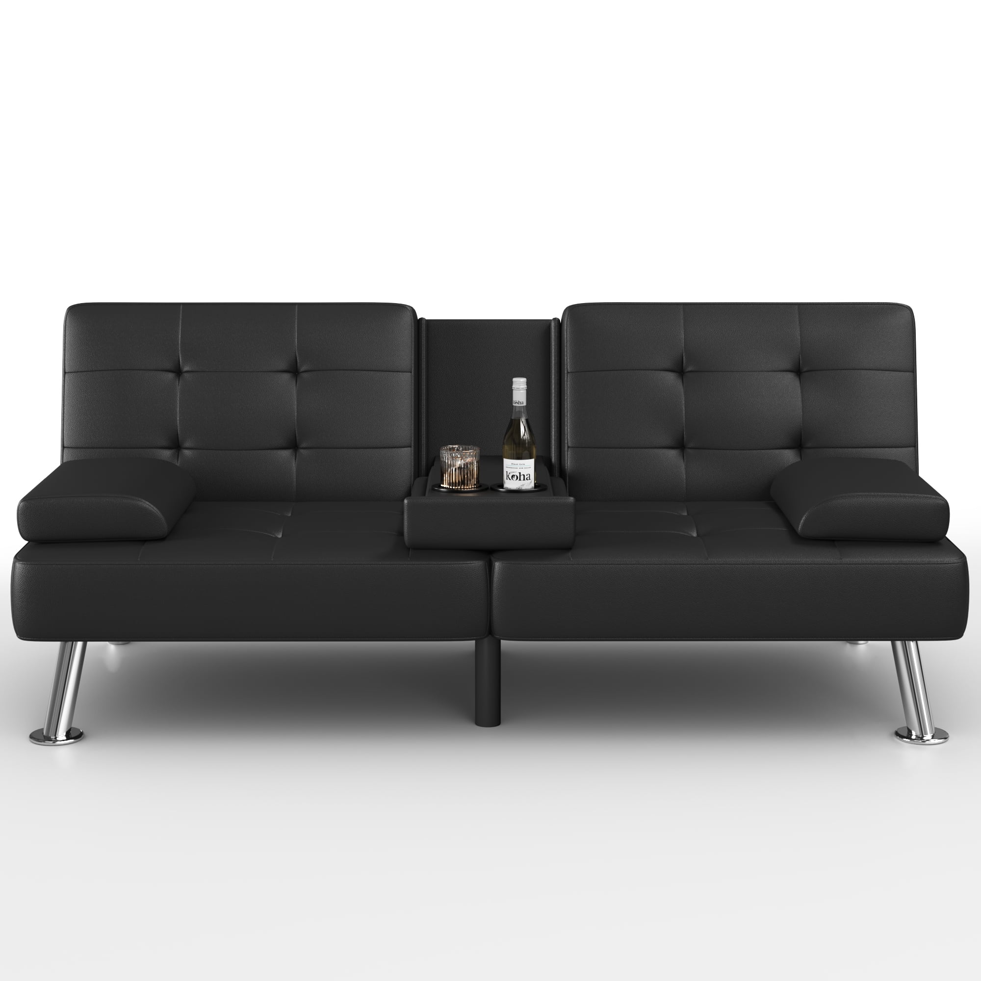 Devoko Modern Faux Leather Futon Sofa Bed Convertible Folding Sofa Bed Removable Armrests and 2 Cup Holders ,Black