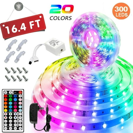 

16.4ft RGB LED Light Strips 3528 LED Tape Lights Color Changing LED Strip Lights for Home Lighting Kitchen Bedroom Decoration Power Supply Lights with 44 Key IR Remote Controller