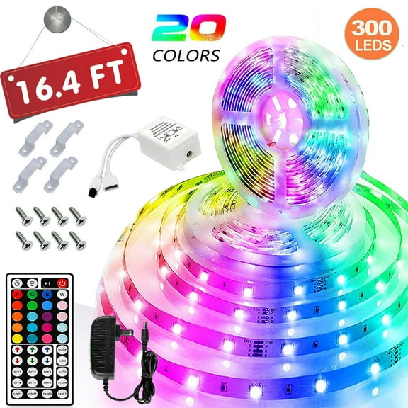 16.4ft RGB LED Light Strips 3528 LED Tape Lights, Color Changing LED Strip Lights for Home Lighting Kitchen Bedroom Decoration, Power Supply Lights with 44 Key IR Remote Controller