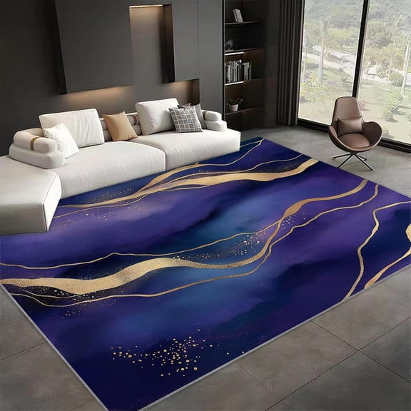 Gold Line Watercolor Area Rugs, Blue Purple Abstract Carpet, Washable Non Slip Low Pile Soft Rug for Living Room Bedroom Office Dining Room Home Decor Mat 2x3ft
