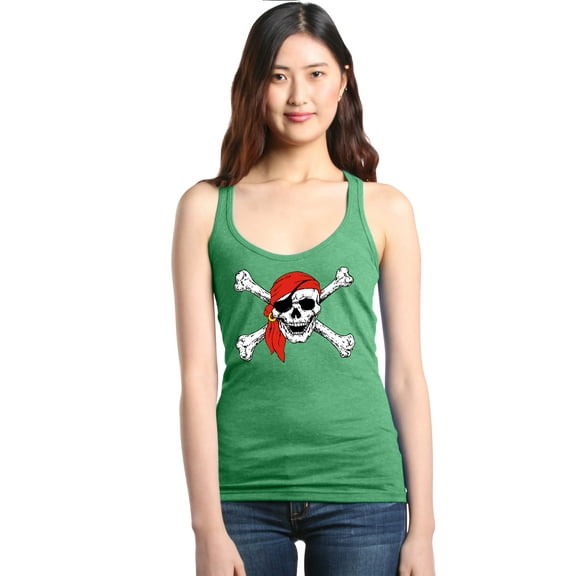 Shop4Ever Women's Skull and Crossbones Pirate Flag Racerback Tank Top XX-Large Kelly Green