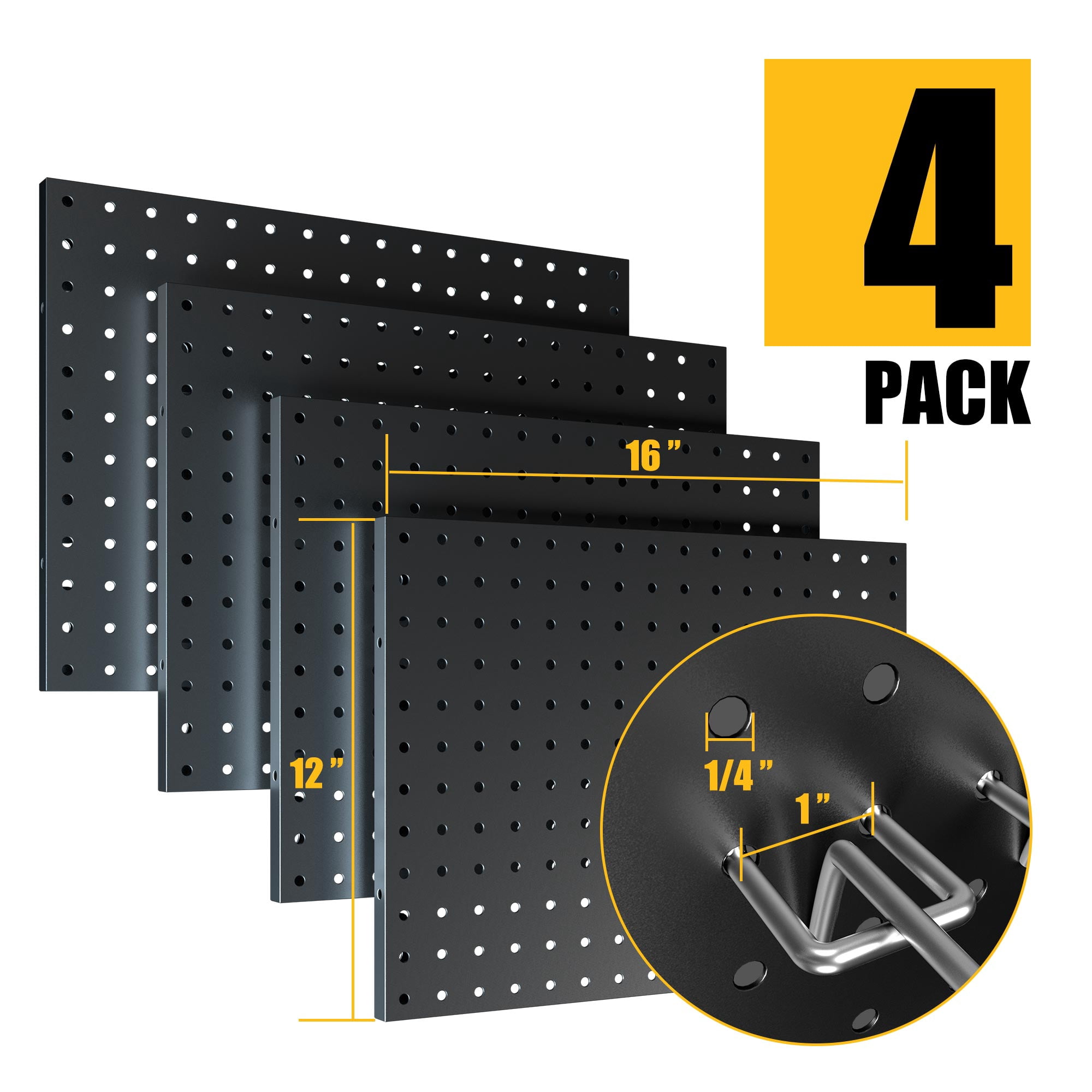 Peg Board, 4 Pack Metal Pegboard Panels with 50 Hooks, Black Pegboards Wall Organizer, Heavy Duty Peg Board for Walls Home, Garage Tool Storage, Office Organization, Craft Room, Kitchen